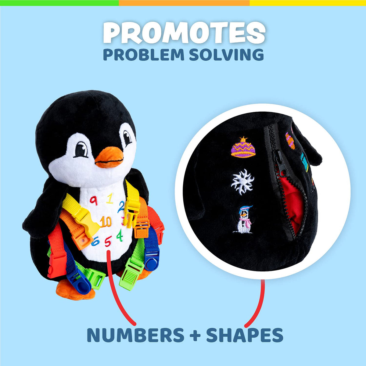 Compact 11x6 inch plush penguin designed for travel and quiet play.