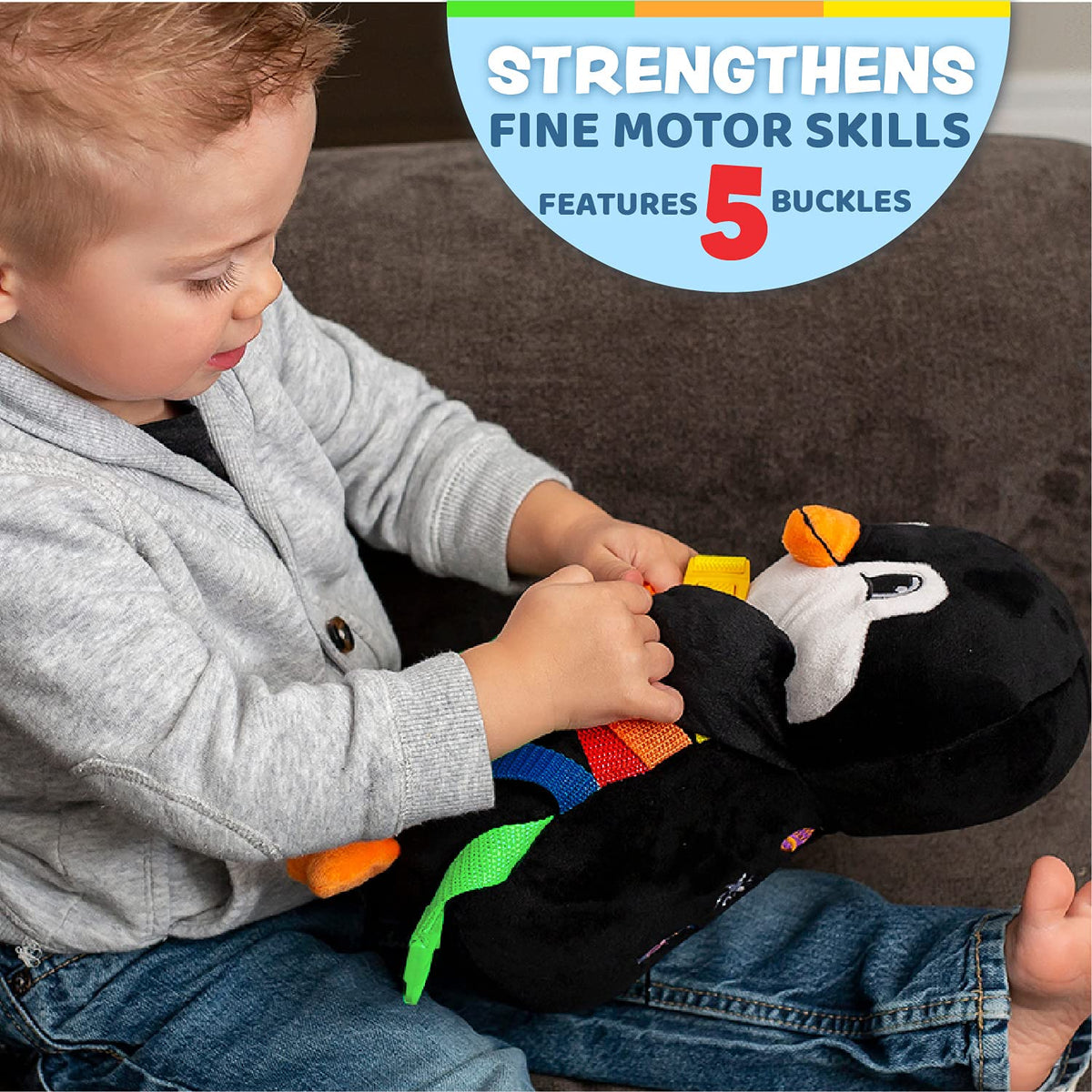 Blizzard Penguin shows five colorful buckles to boost sequence skills during activities.