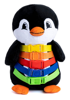 Buckle Toys Blizzard Penguin with zipper pocket supports fine motor play on the go.