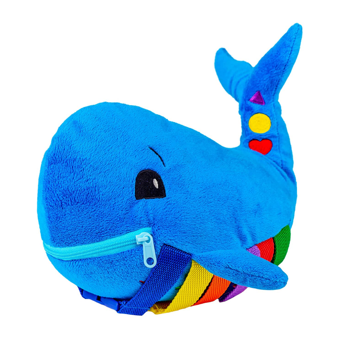 Buckle Toys Blu Whale with sensory pocket supports early learning.