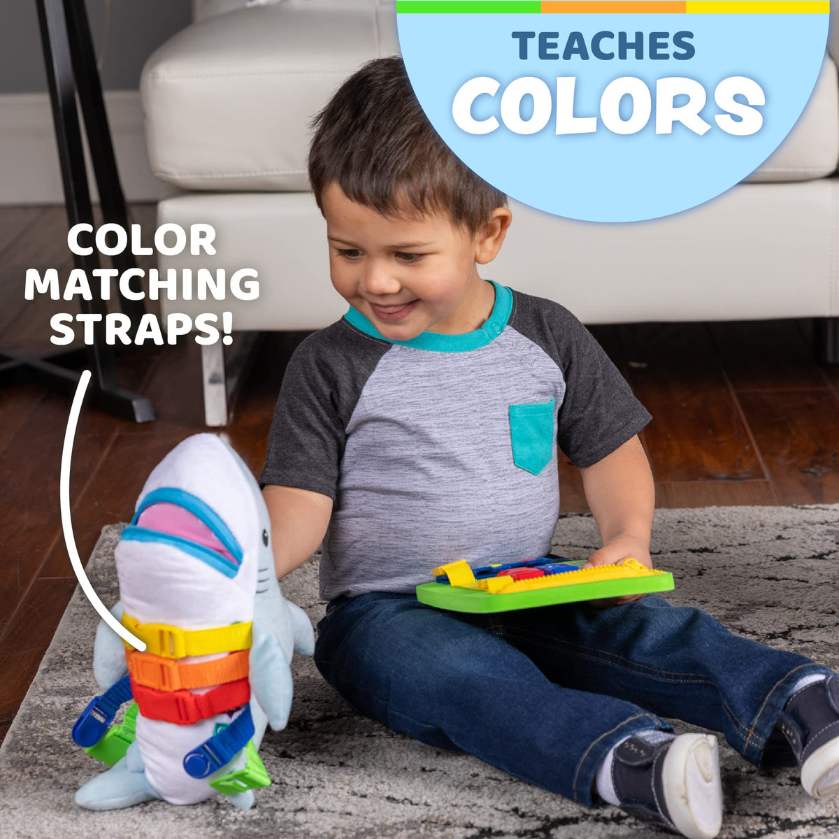 Bruce Shark with six colorful buckles for hands-on learning and problem solving.