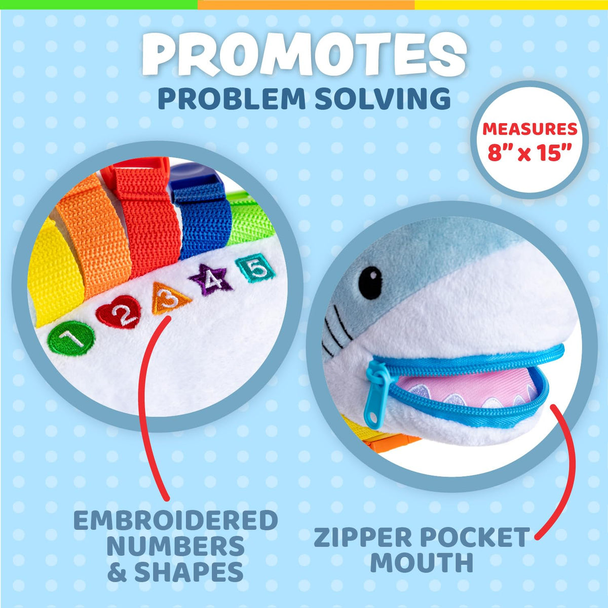 Bruce Shark from Buckle Toys with embroidered numbers supports early math during play.