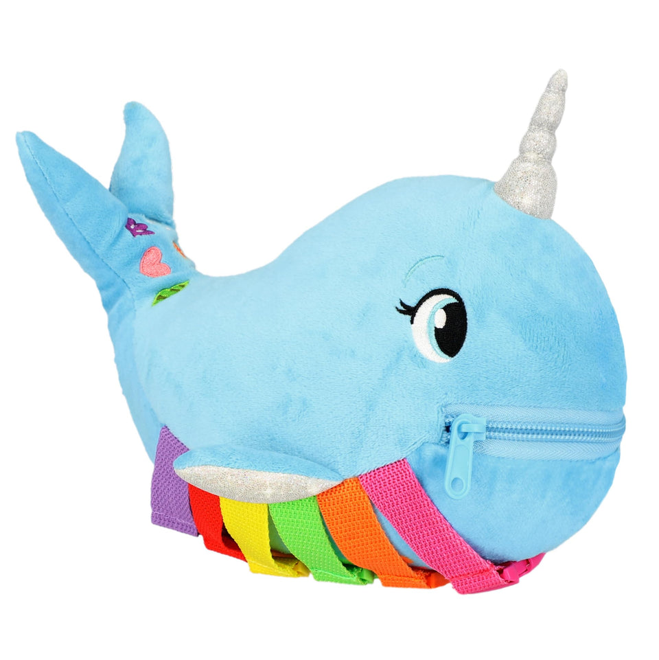Buckle Toys Bubbly Narwhal shows buckle details to boost fine motor skills.