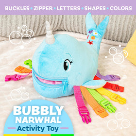 Bubbly Narwhal five buckles promote finger dexterity and color exploration.