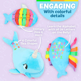 Zippered pocket on Bubbly Narwhal stores small treasures during trips.