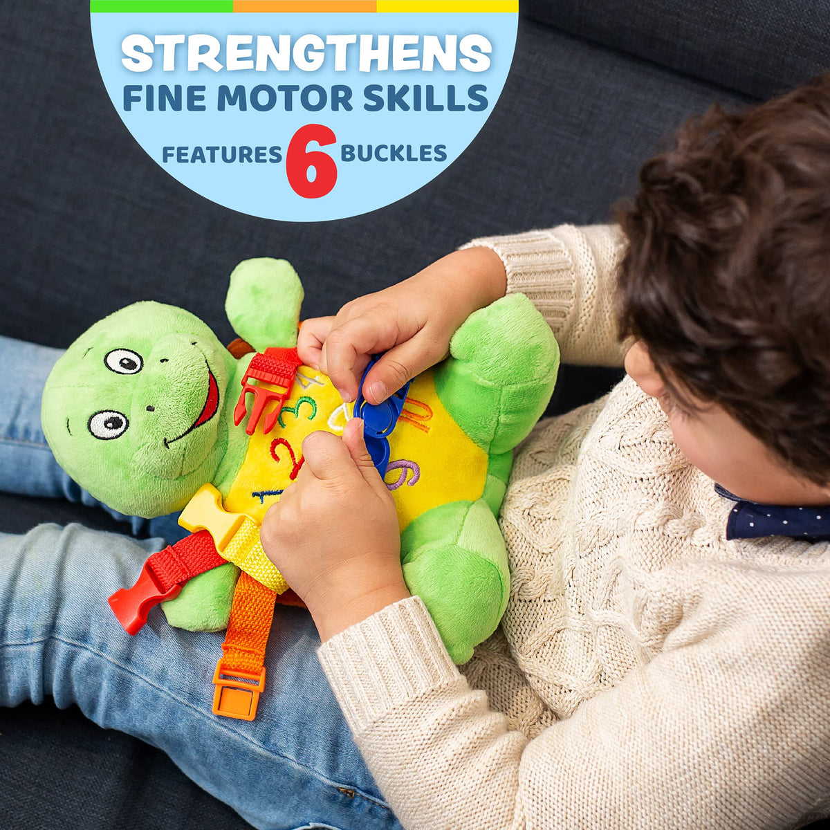 Buckle Toys Bucky Turtle demonstrating color pattern recognition during play