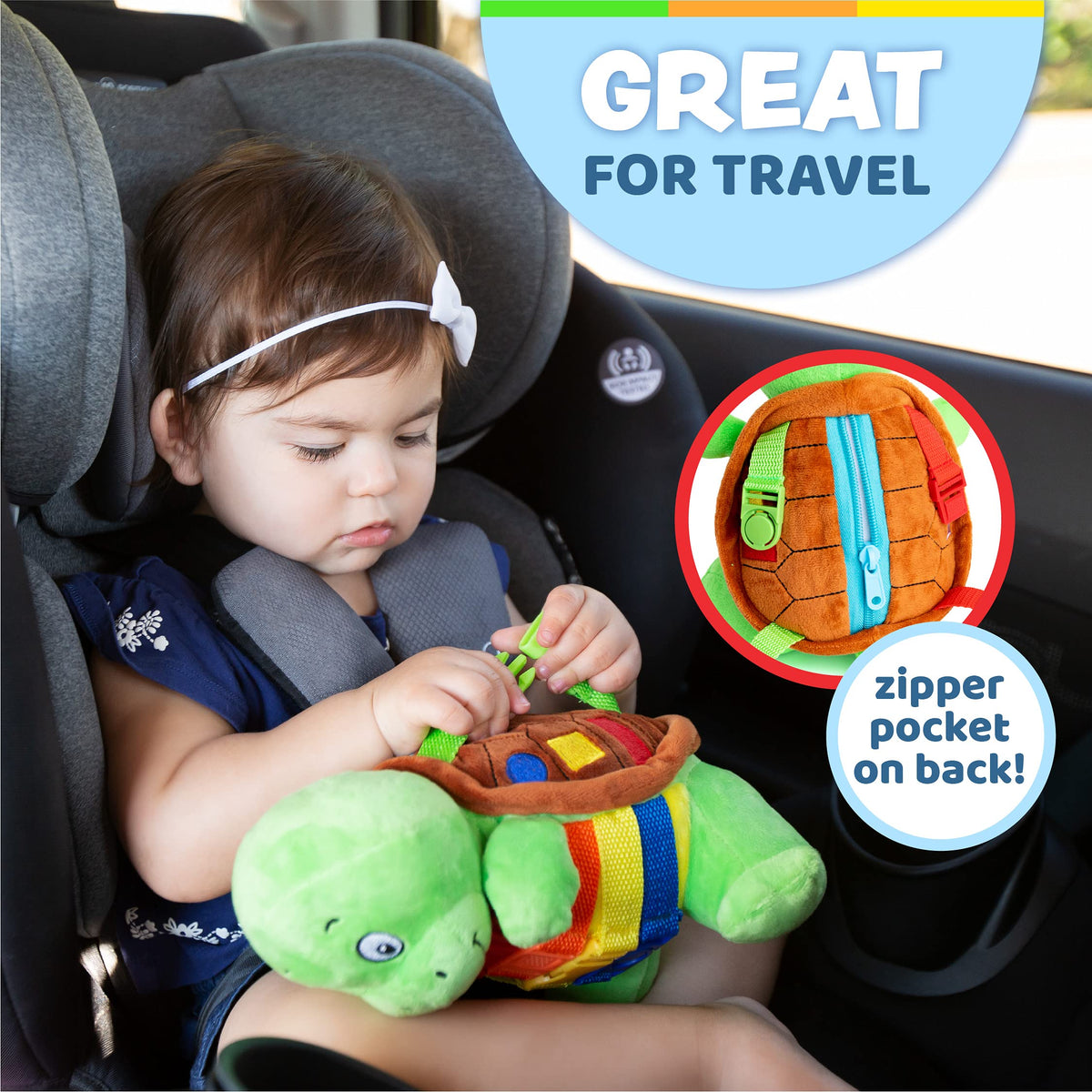 Buckle Toys Bucky Turtle Montessori sensory toy highlighting fine motor work