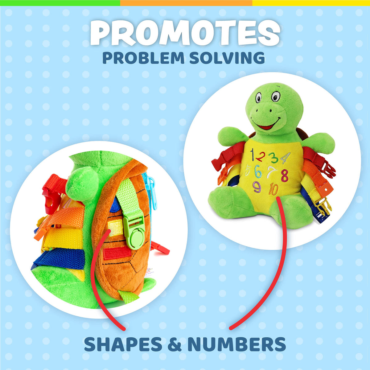 Buckle Toys Bucky Turtle travel-friendly design shown in a stroller setting