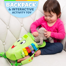 Buckle Toys Buddy Backpack with colorful buckles invites hands-on learning on the go.