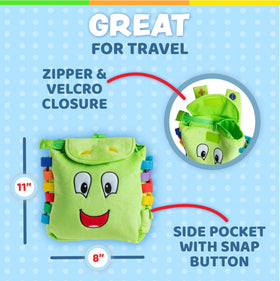 Buckle Toys Buddy Backpack displays embroidered numbers and shapes for early learning cues.