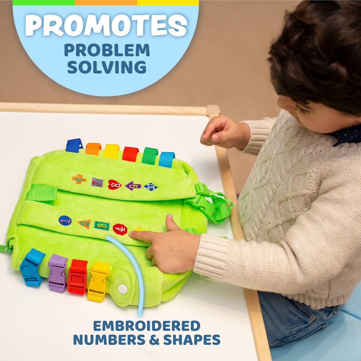 Buckle Toys Buddy Backpack features plush fabric for soft, kid-friendly comfort.