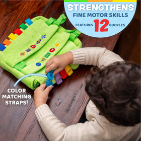 Buckle Toys Buddy Backpack shown in travel setting with adjustable straps for easy transport.