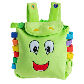 Buckle Toys Buddy Backpack with zippers and buckles supports fine motor exploration.