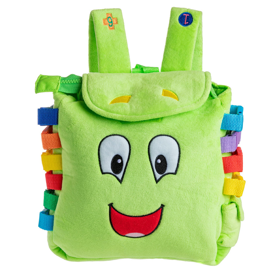Buckle Toys Buddy Backpack with zippers and buckles supports fine motor exploration.