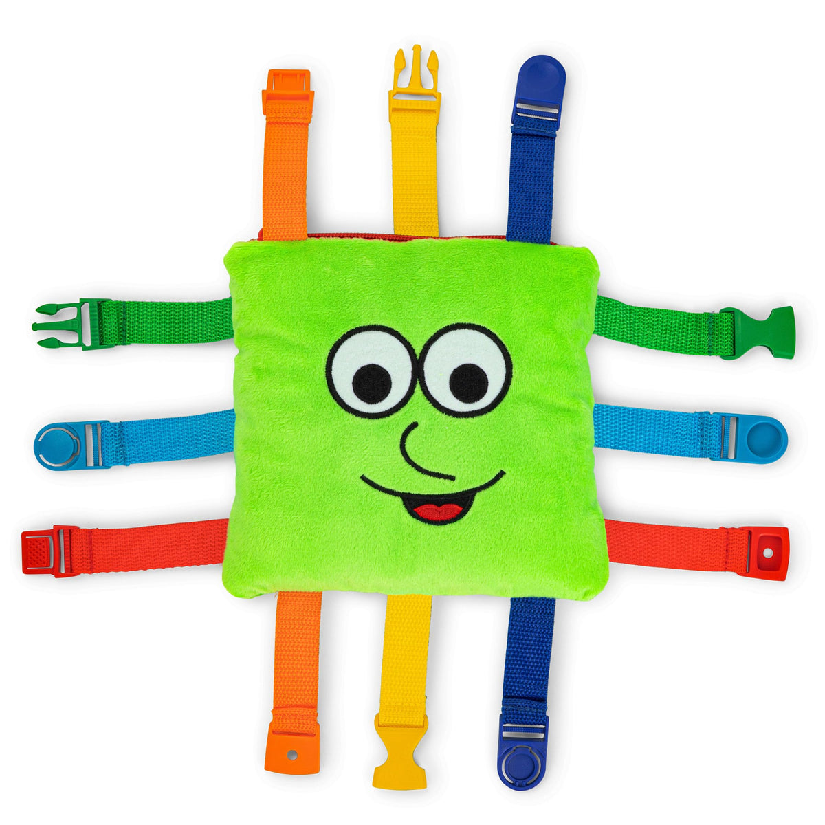 Buckle Toys Buster Square front view showing six buckles for fine motor play.