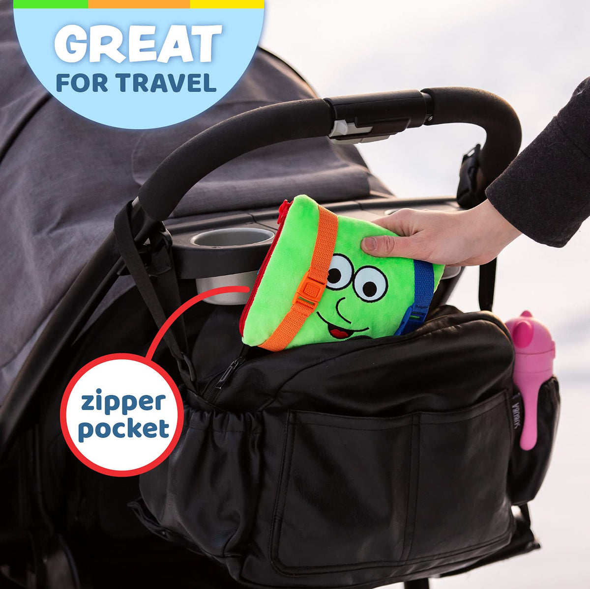 Green plush Buster Square material with soft touch and kid-friendly design.