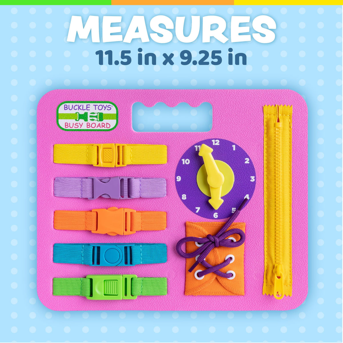 Buckle Toys Busy Board built-in handle enables easy on-the-go play sessions.