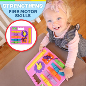 Buckle Toys Busy Board clock and zipper stimulate problem-solving and sequencing tasks.