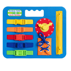 Buckle Toys Busy Board clock detail promotes cognitive exploration for toddlers during travel.