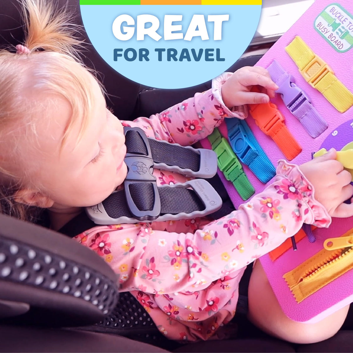 Buckle Toys Busy Board colorful buckles invite tactile matching and focus.