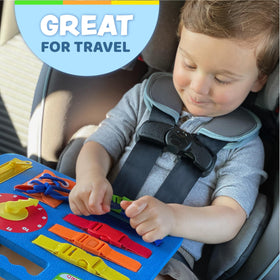 Buckle Toys Busy Board colorful buckles invite pattern exploration for tiny hands.