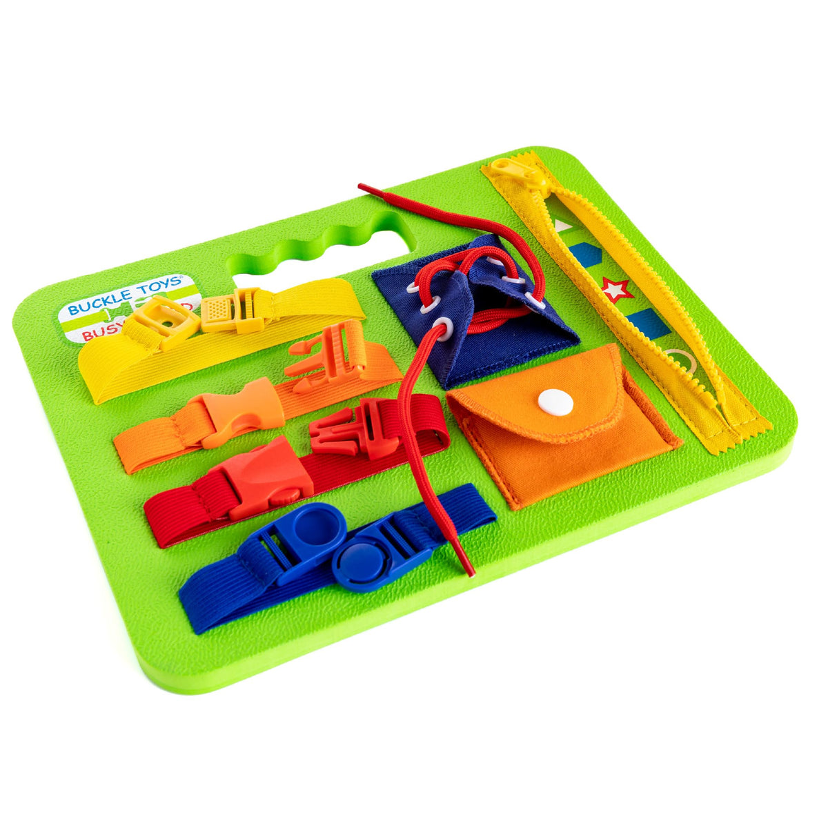Buckle Toys Busy Board foam base offers quiet, portable play with a built-in handle