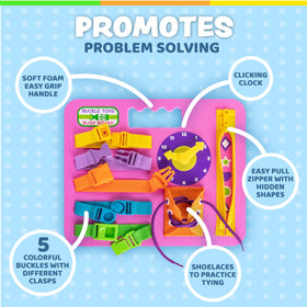 Buckle Toys Busy Board learn-to-tie shoe area supports early independent dressing efforts.