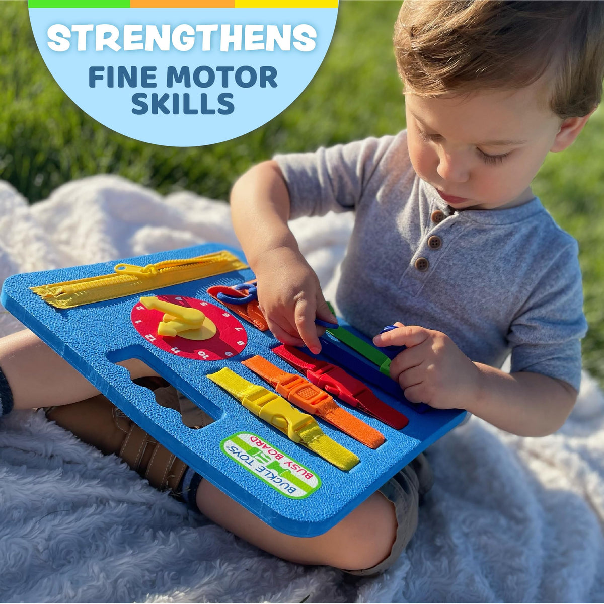 Buckle Toys Busy Board shoelaces encourage fine motor skills during play and travel.