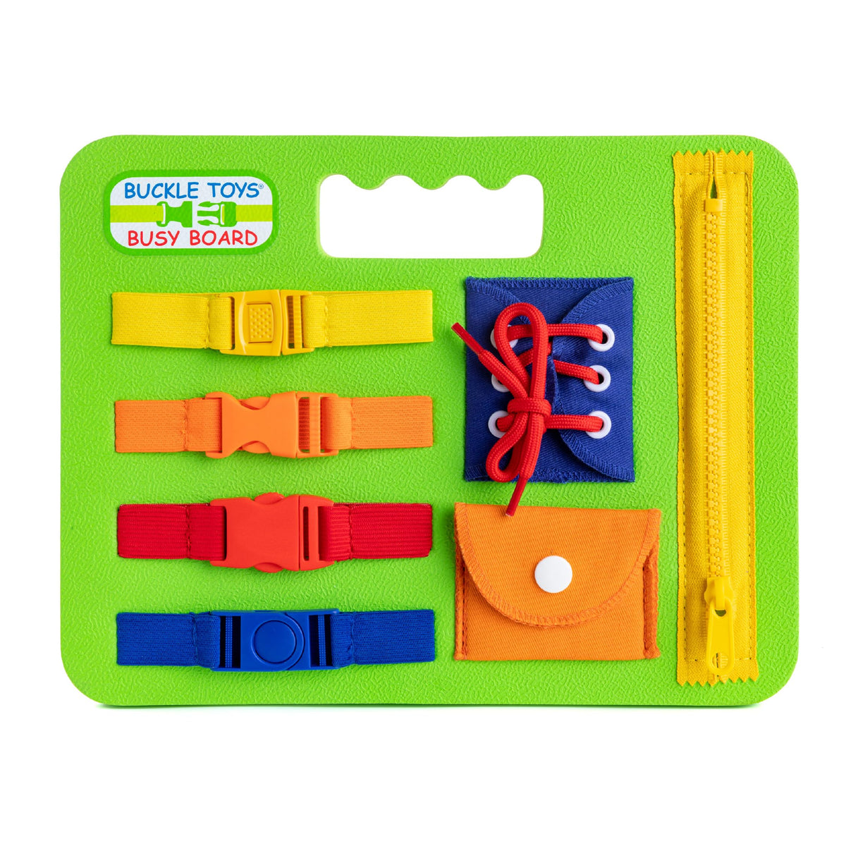 Buckle Toys Busy Board with snap pocket enhances fine motor play and color recognition