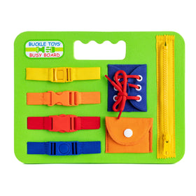 Buckle Toys Busy Board with snap pocket enhances fine motor play and color recognition