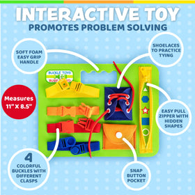 Buckle Toys Busy Board shoe tying feature supports dressing independence during pretend play