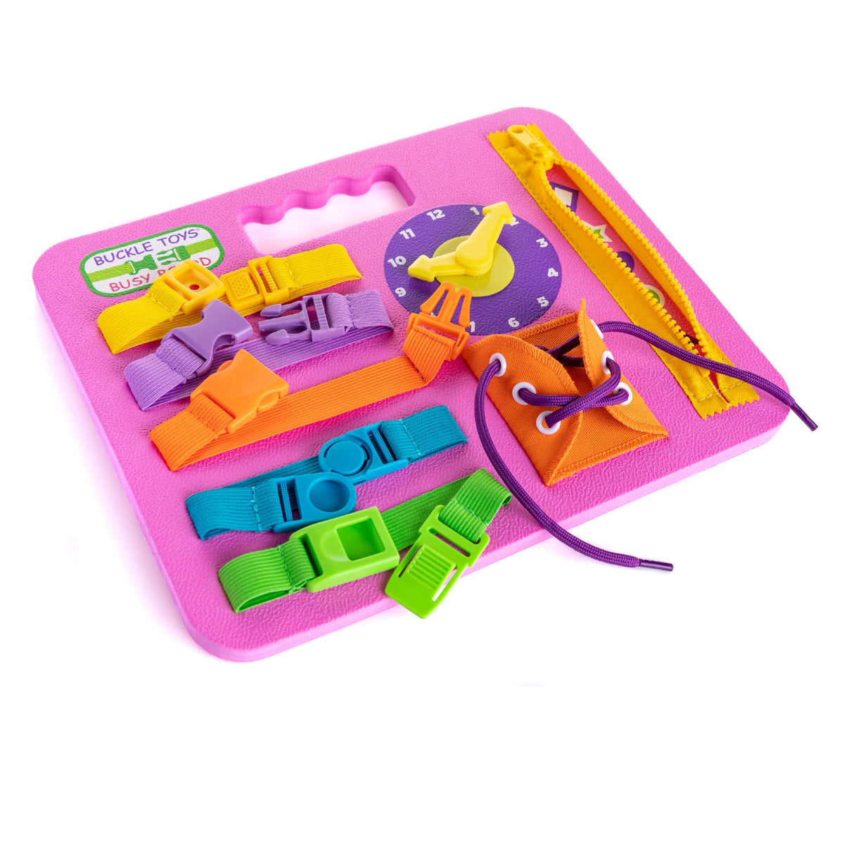 Buckle Toys Busy Board travel-friendly design keeps little hands busy quietly while traveling.