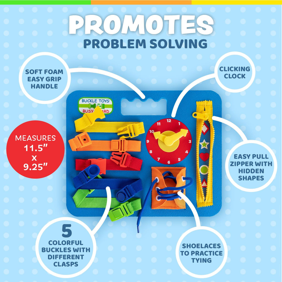 Buckle Toys Busy Board zipper close-up offers tactile learning during car rides.