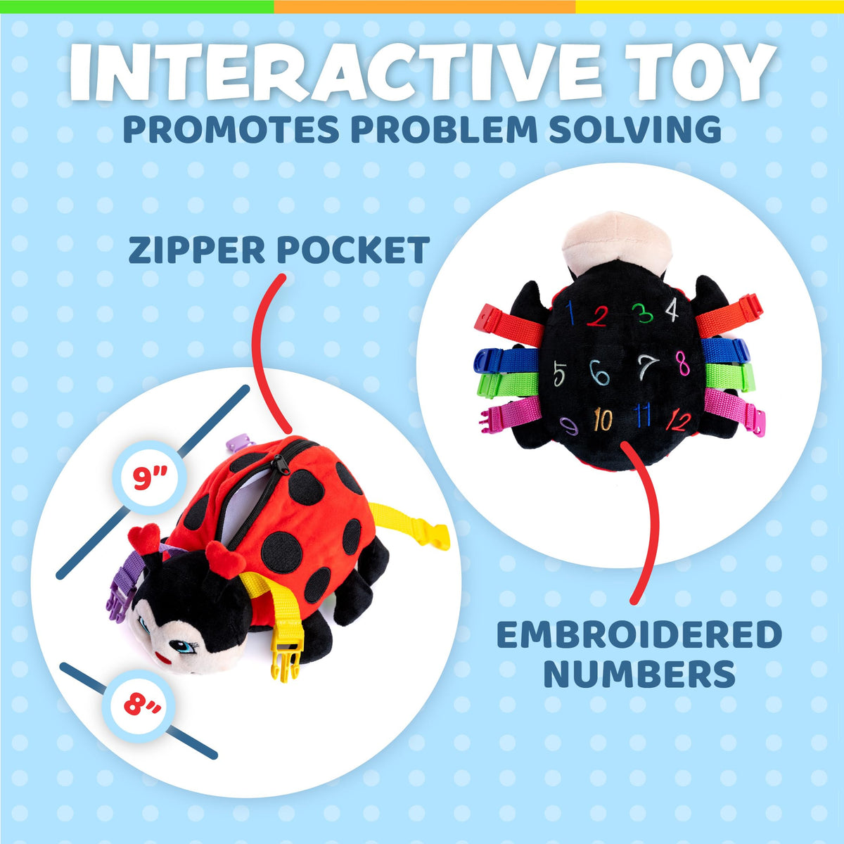 Becky Ladybug size 9x6 inches fits small hands for on-the-go learning.
