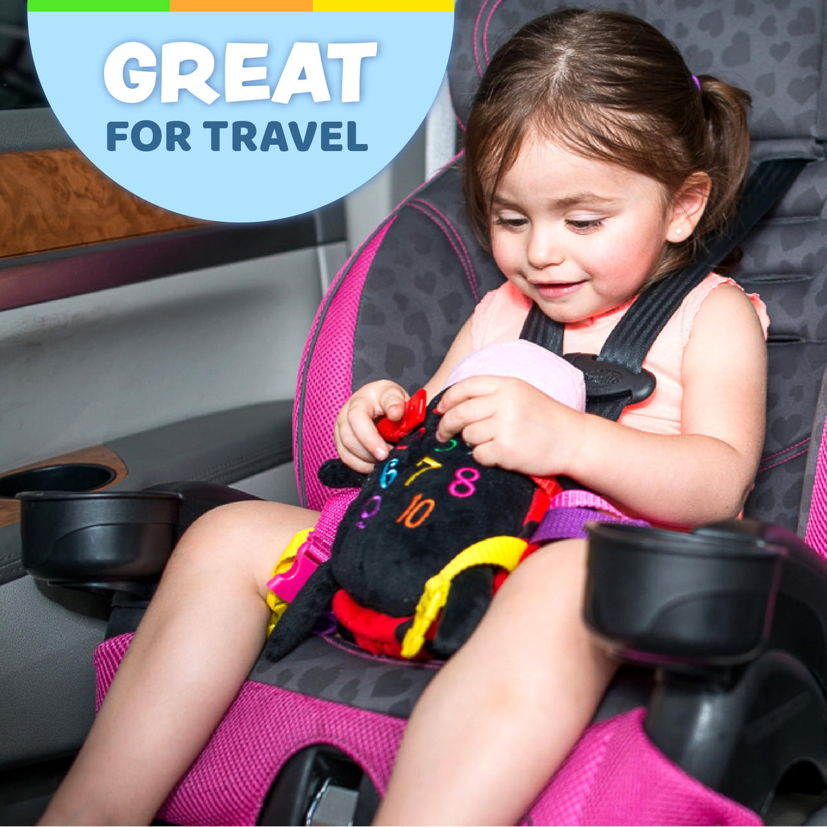 Becky Ladybug clips to strollers or car seats for travel focus.