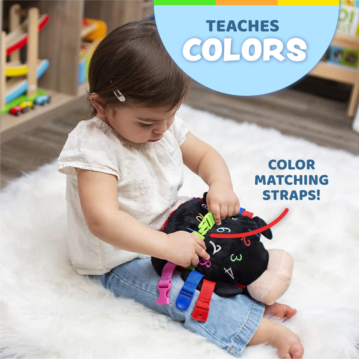 Becky Ladybug features numbers to spark early counting and sequencing.