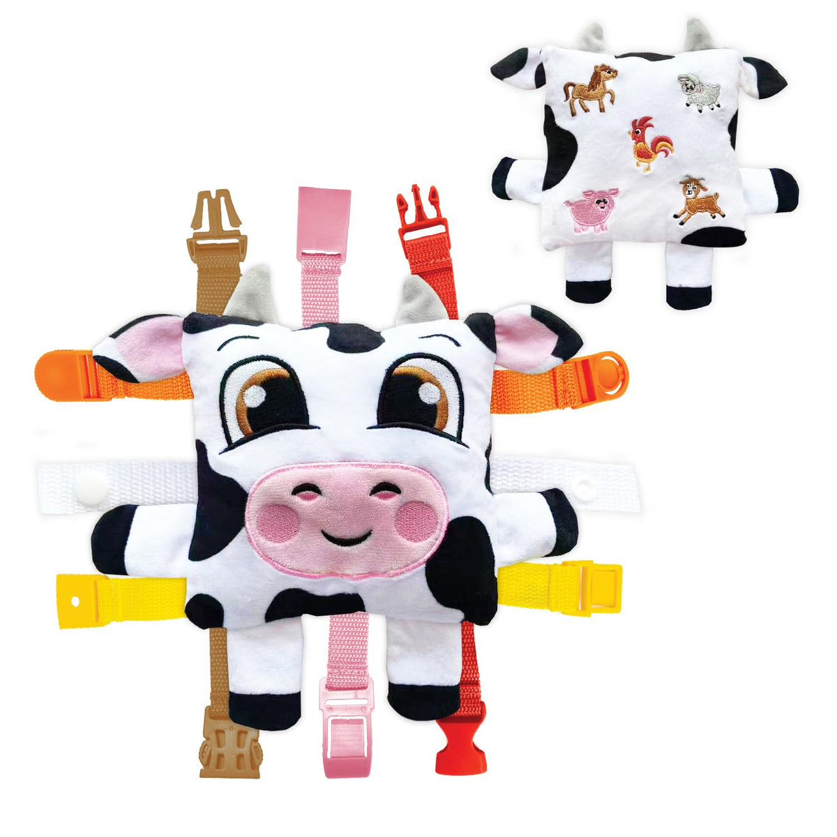 Buckle Toys Bessie Cow with buckles boosts fine motor play during travel.