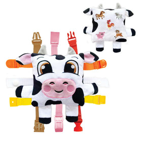 Buckle Toys Bessie Cow with buckles boosts fine motor play during travel.