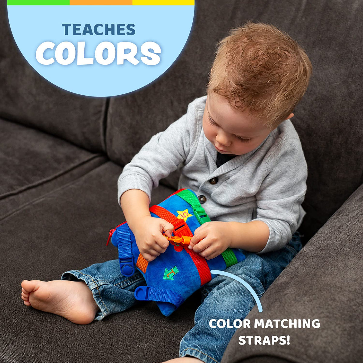 Buckle Toys Boomer Square six-buckles supports gripping practice and problem-solving.