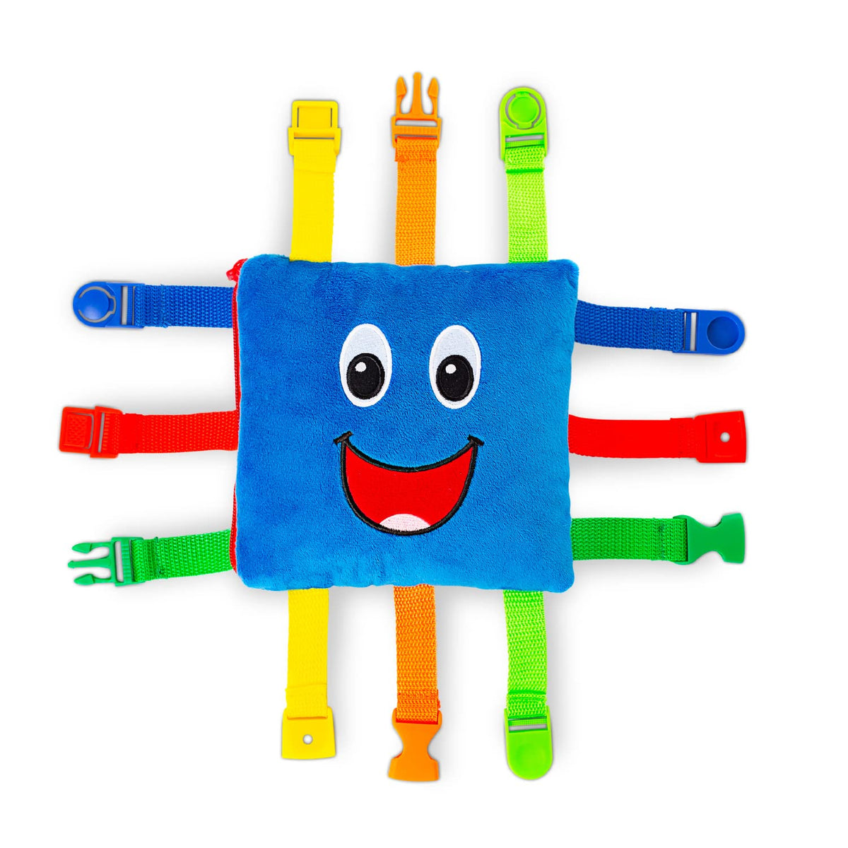 Buckle Toys Boomer Square zip-pocket enhances tactile play and fine motor skills.