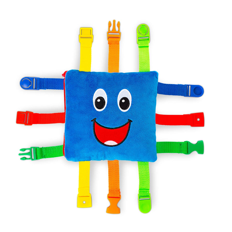 Buckle Toys Boomer Square zip-pocket enhances tactile play and fine motor skills.