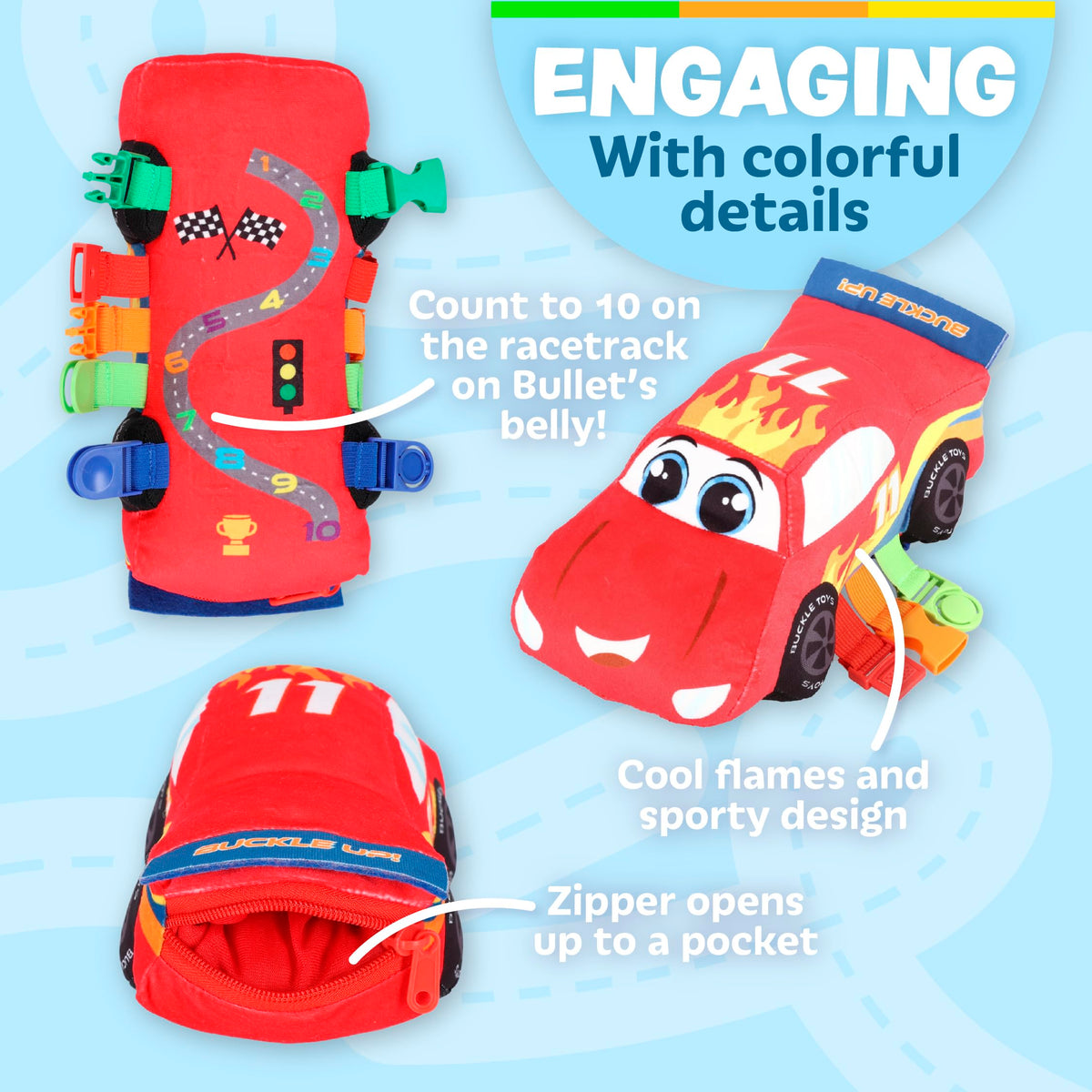 Buckle Toys Bullet Racecar bright colors enhance color recognition during activity.