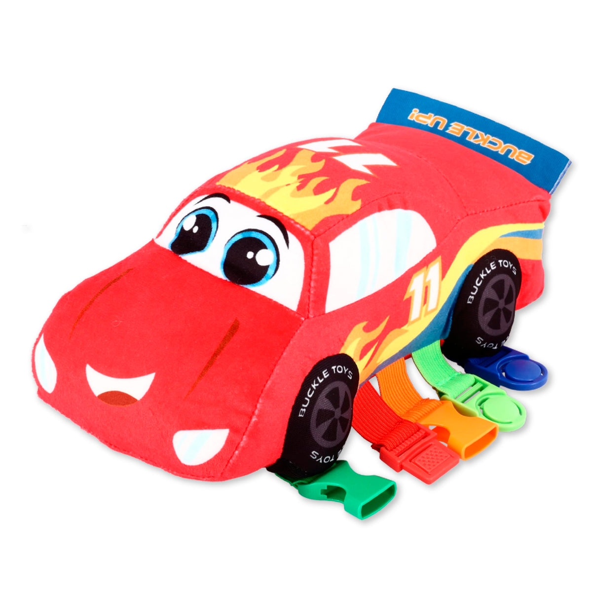 Buckle Toys Bullet Racecar buckles promote fine motor skill development.