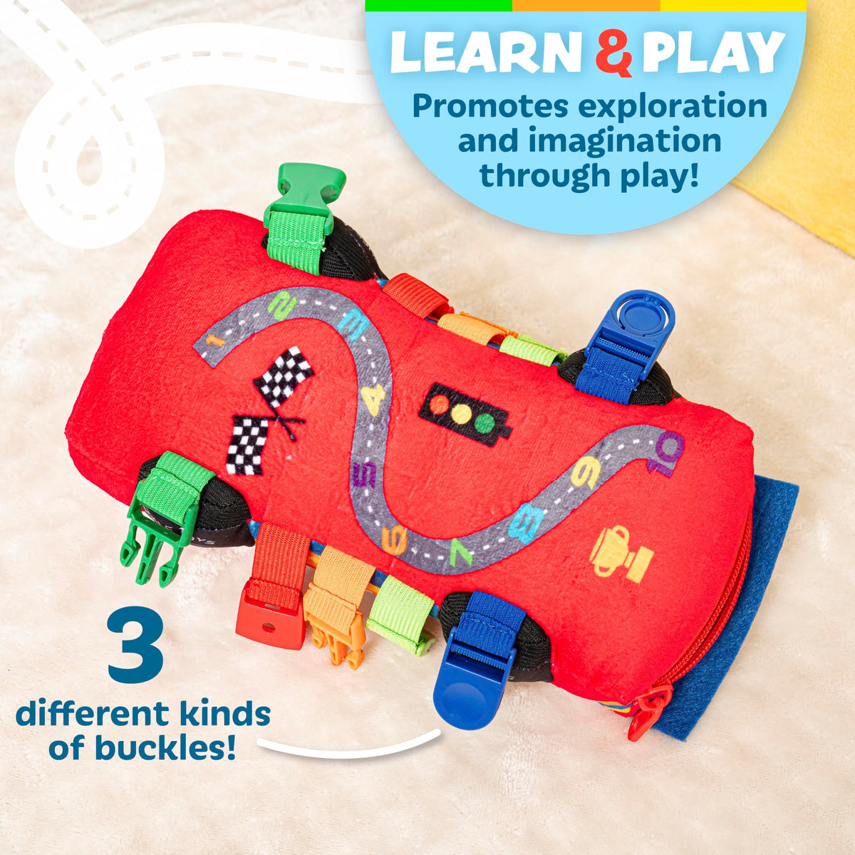 Buckle Toys Bullet Racecar compact design is travel-friendly for planes.