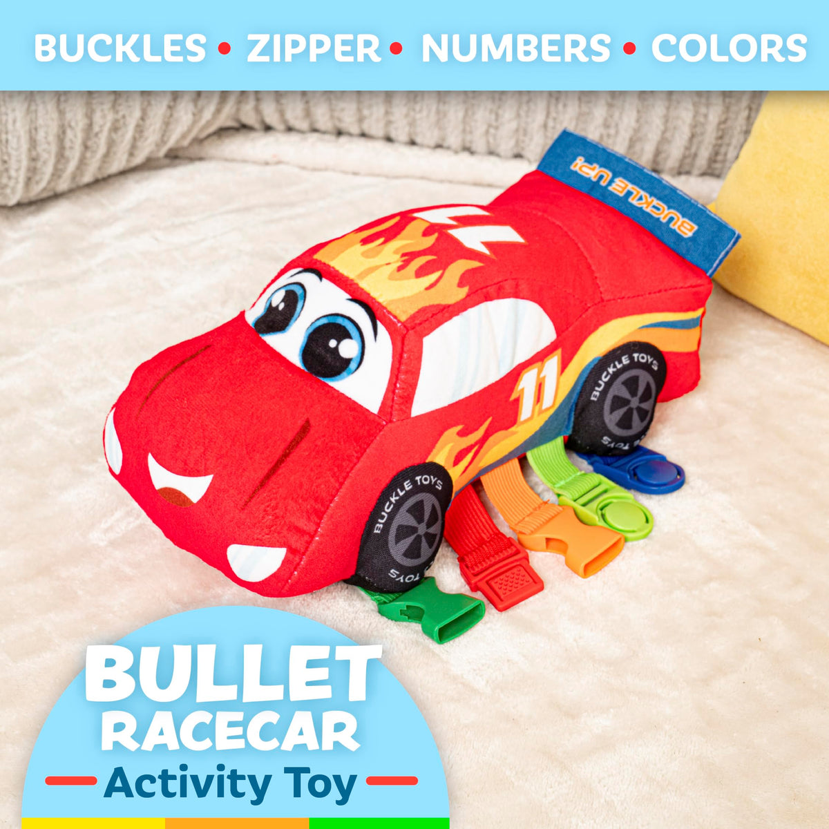 Buckle Toys Bullet Racecar embroidered numbers on racetrack aid counting.