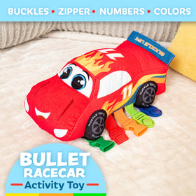 Buckle Toys Bullet Racecar embroidered numbers on racetrack aid counting.