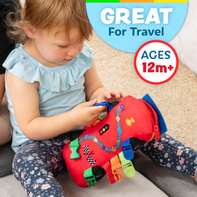 Buckle Toys Bullet Racecar spoiler features Buckle Up cue for safe play.