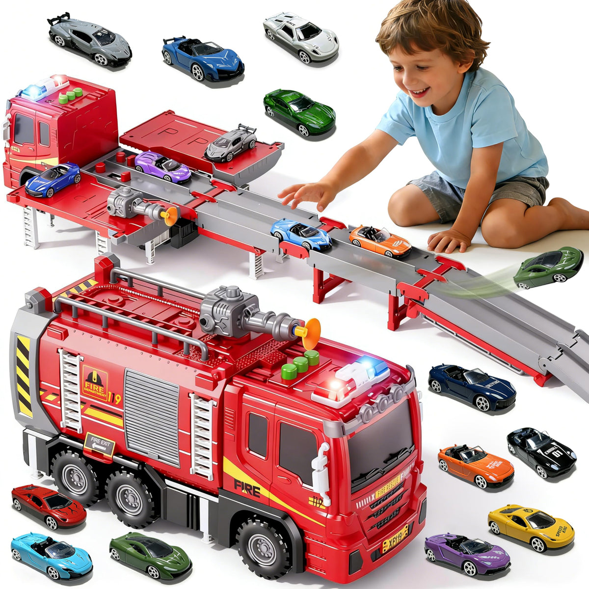 BuddyBight 3in1 fire truck toy with foldable race track for imaginative play