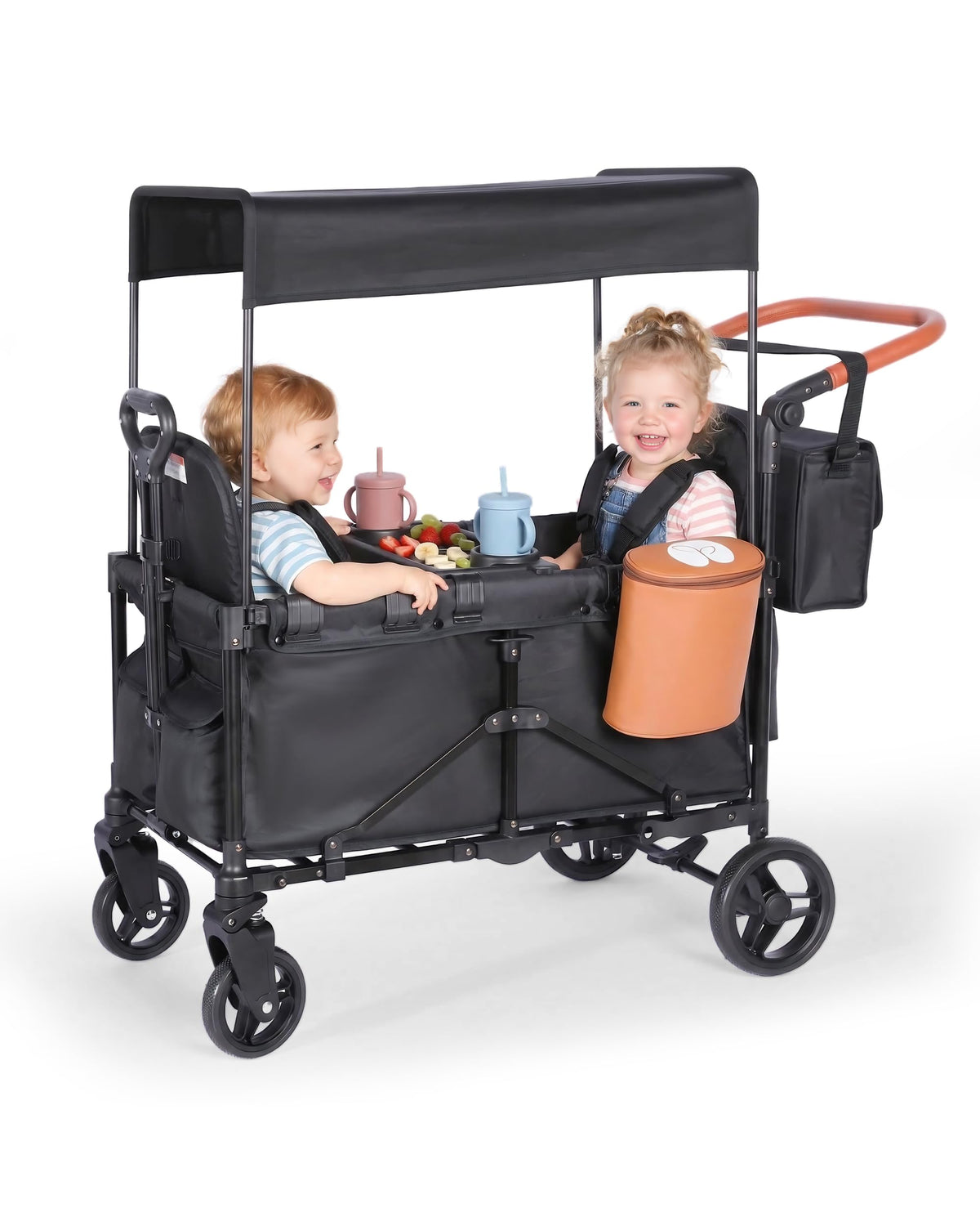 BudGlowey two-seat wagon stroller side view with secure 5-point harness