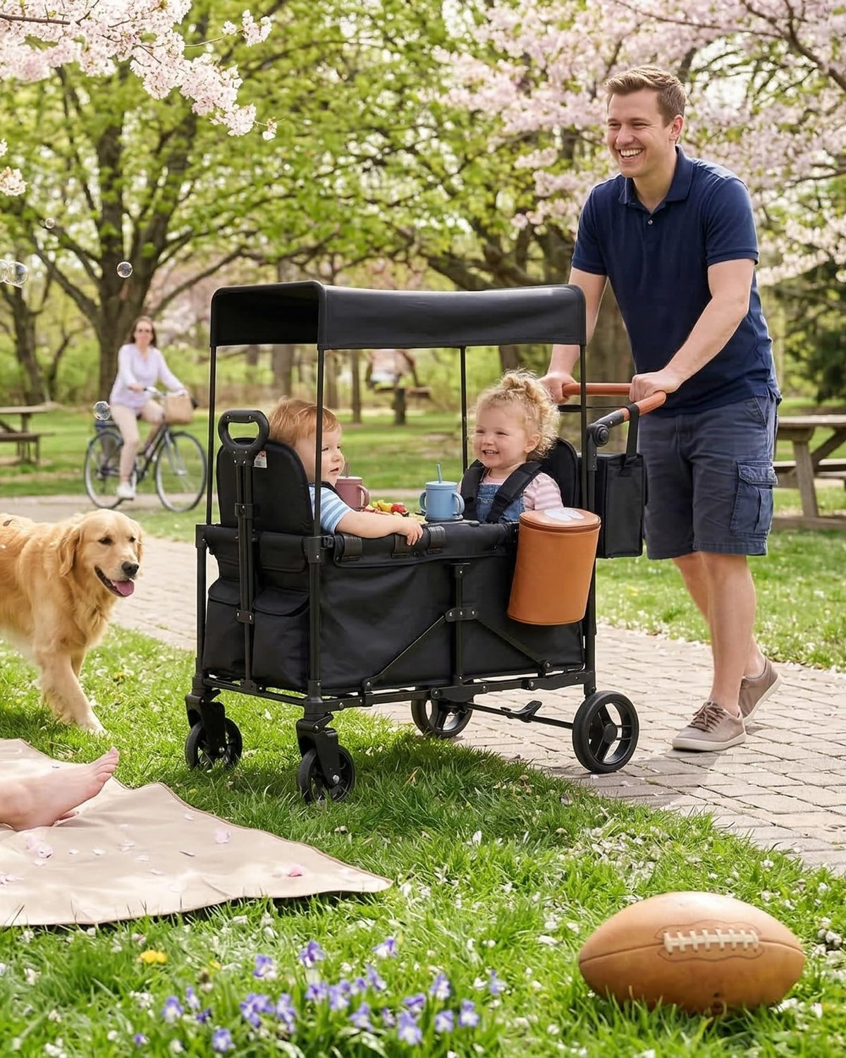 BudGlowey two-seat harness detail with accessible pockets for snacks